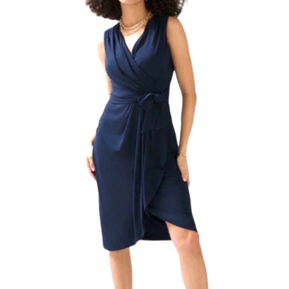 WHBM Sleeveless Draped Slub Sheath Dress Front Sash Tie Officer Blue Size 4